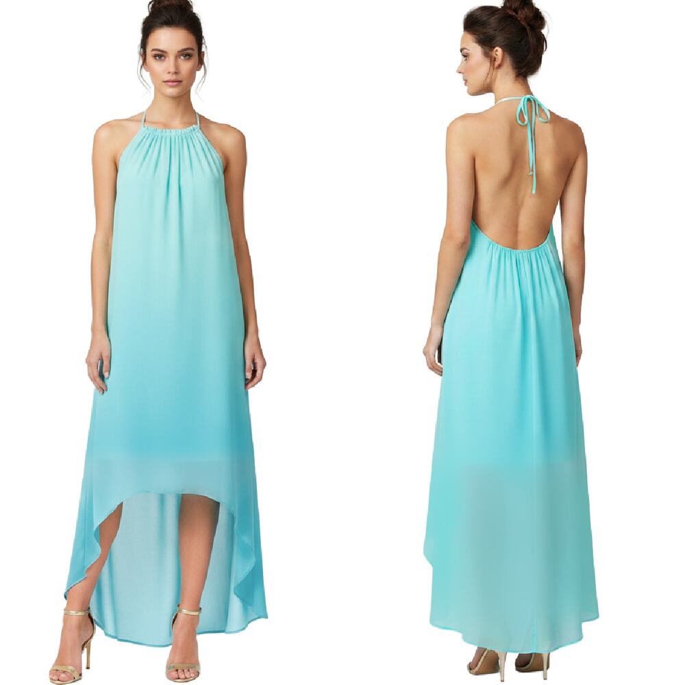Ramy Brook High Low Halter Dress Maxi Midi Aqua Blue Backless Medium Resort